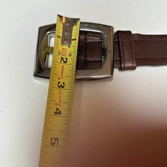 Prada vintage 80s Brown metallic leather belt~LG Chrome monogram buckle~openedge - Picture 11 of 15